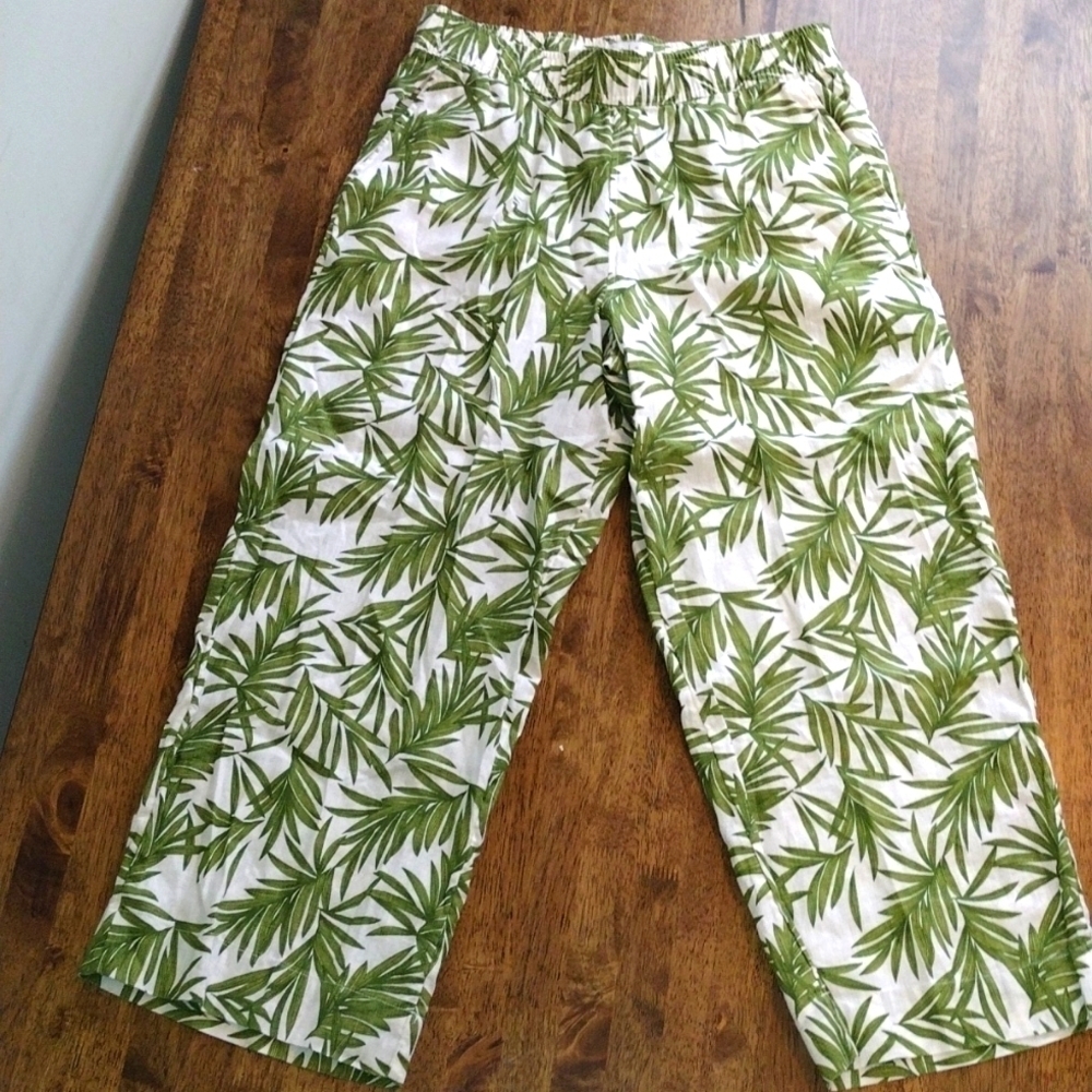 Nicole Miller 100% Linen Wide Leg Cropped Tropical Pants Vacation M